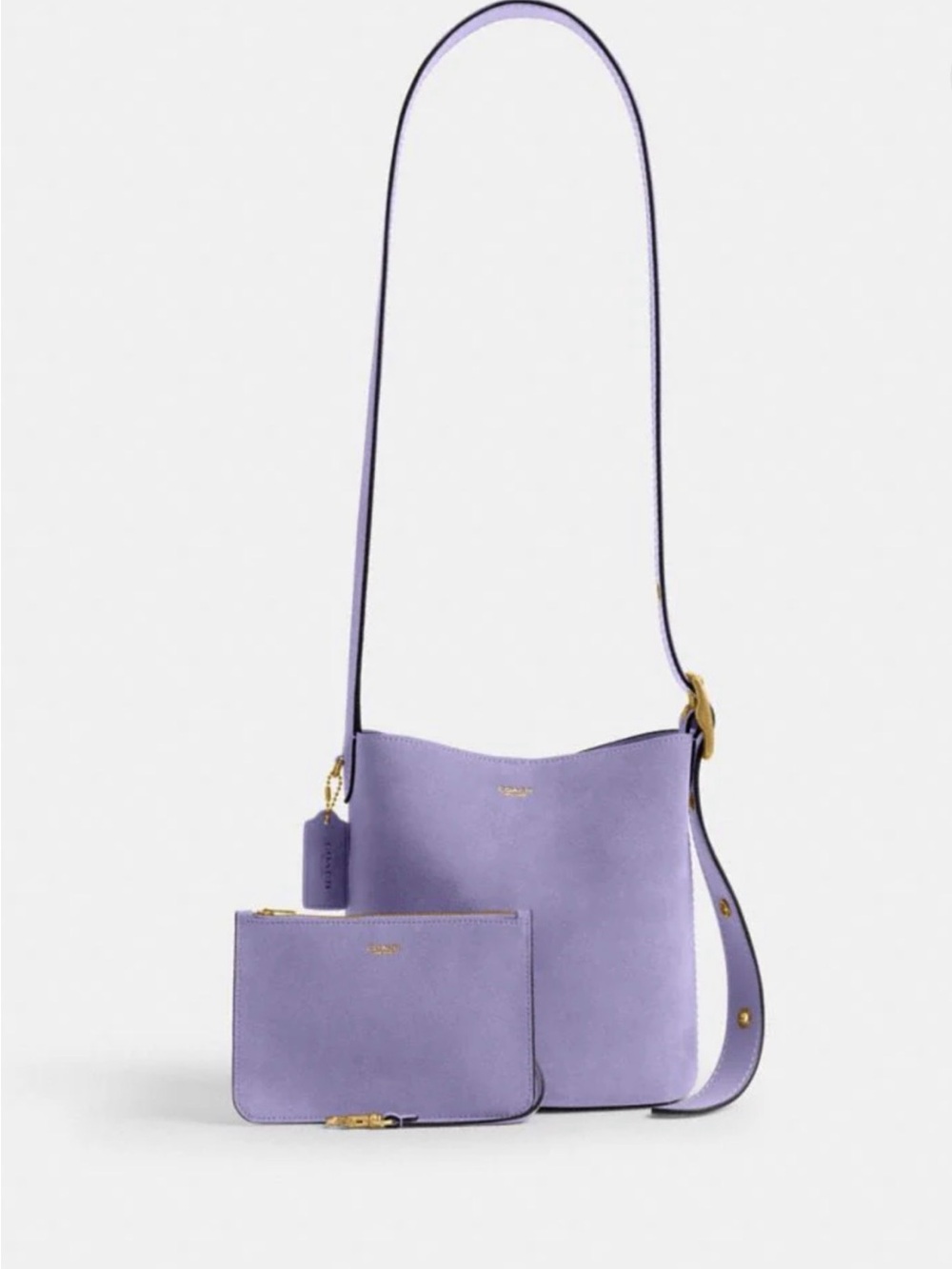 Coach Bleecker Bucket Bag 21 & Pouch in Brass/Violet Mist Purple Suede NWT